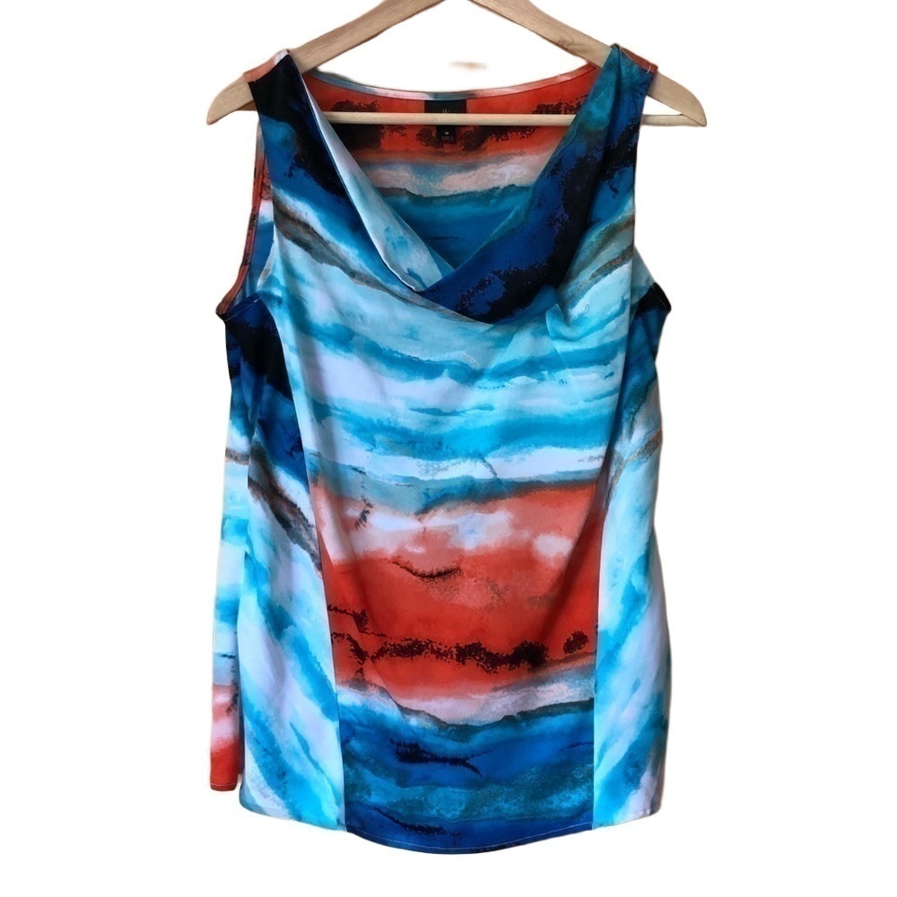 Worthington sleeveless bright watercolor asymmetrical drape neck blouse size M